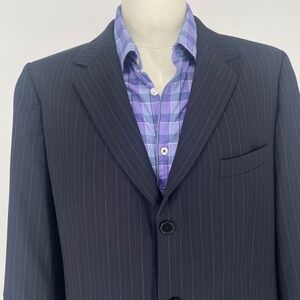 VTG Hugo Boss USA Men 44R Black‎ Pinstripe Virgin Wool Blazer Suit Jacket